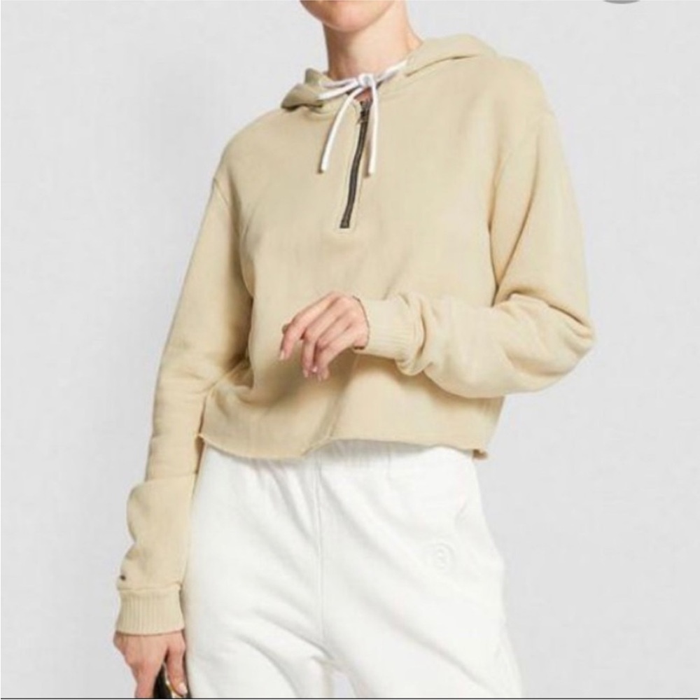 Cotton Citizen Cropped Raw Hem Hoodie Half Zip Sweatshirt